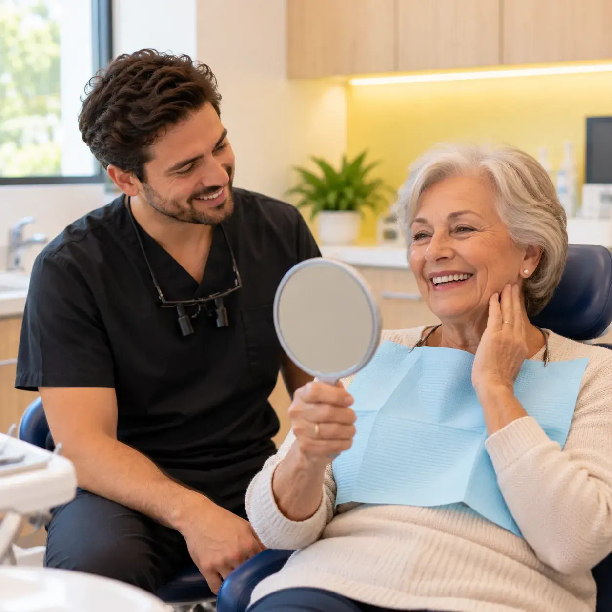 Patient checking her dentures in a hand mirror