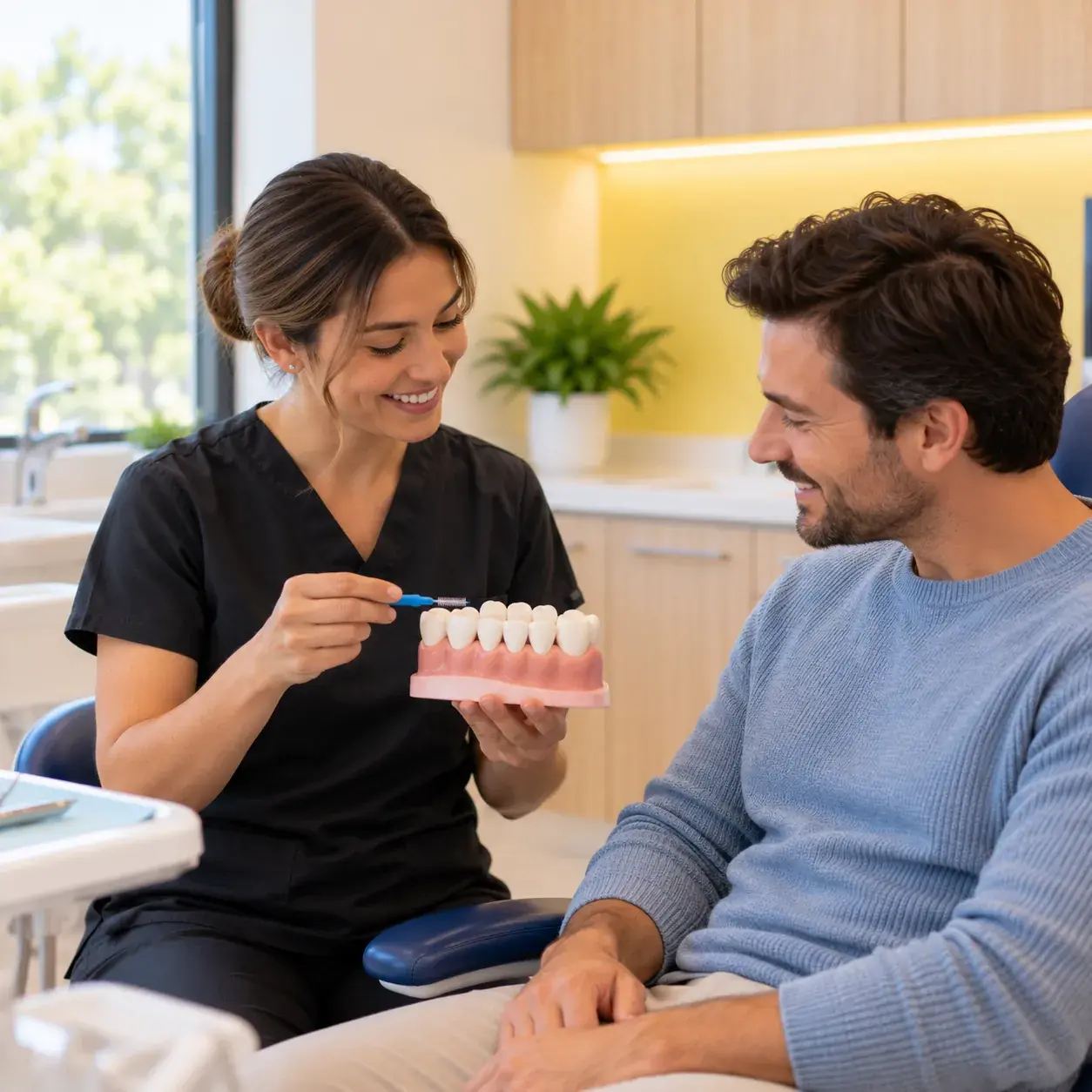Hygienist demonstrating an interdental brush on a tooth model